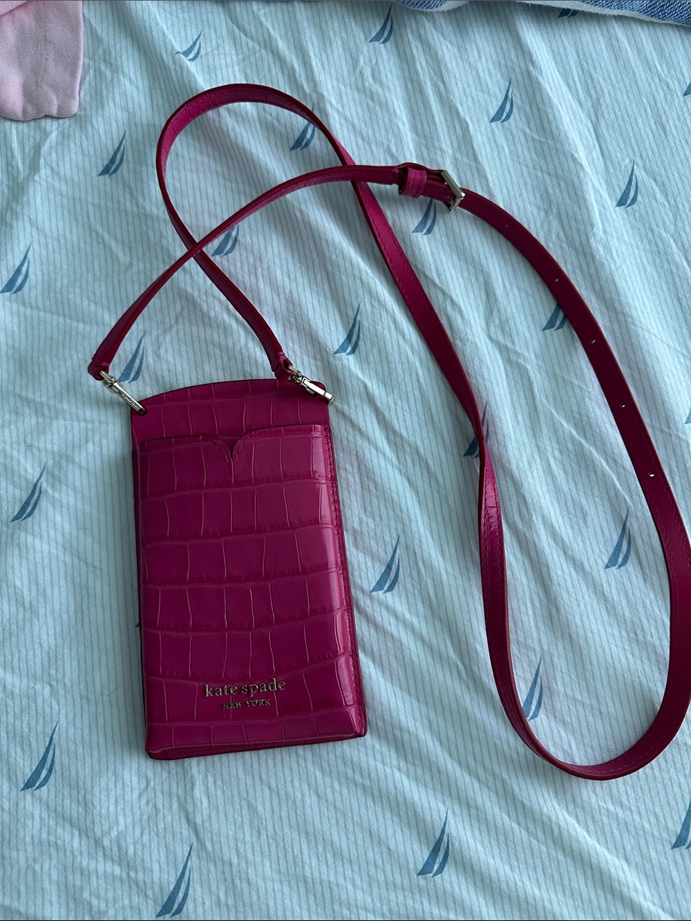 kate spade fuchsia faux-croc crossbody phone bag